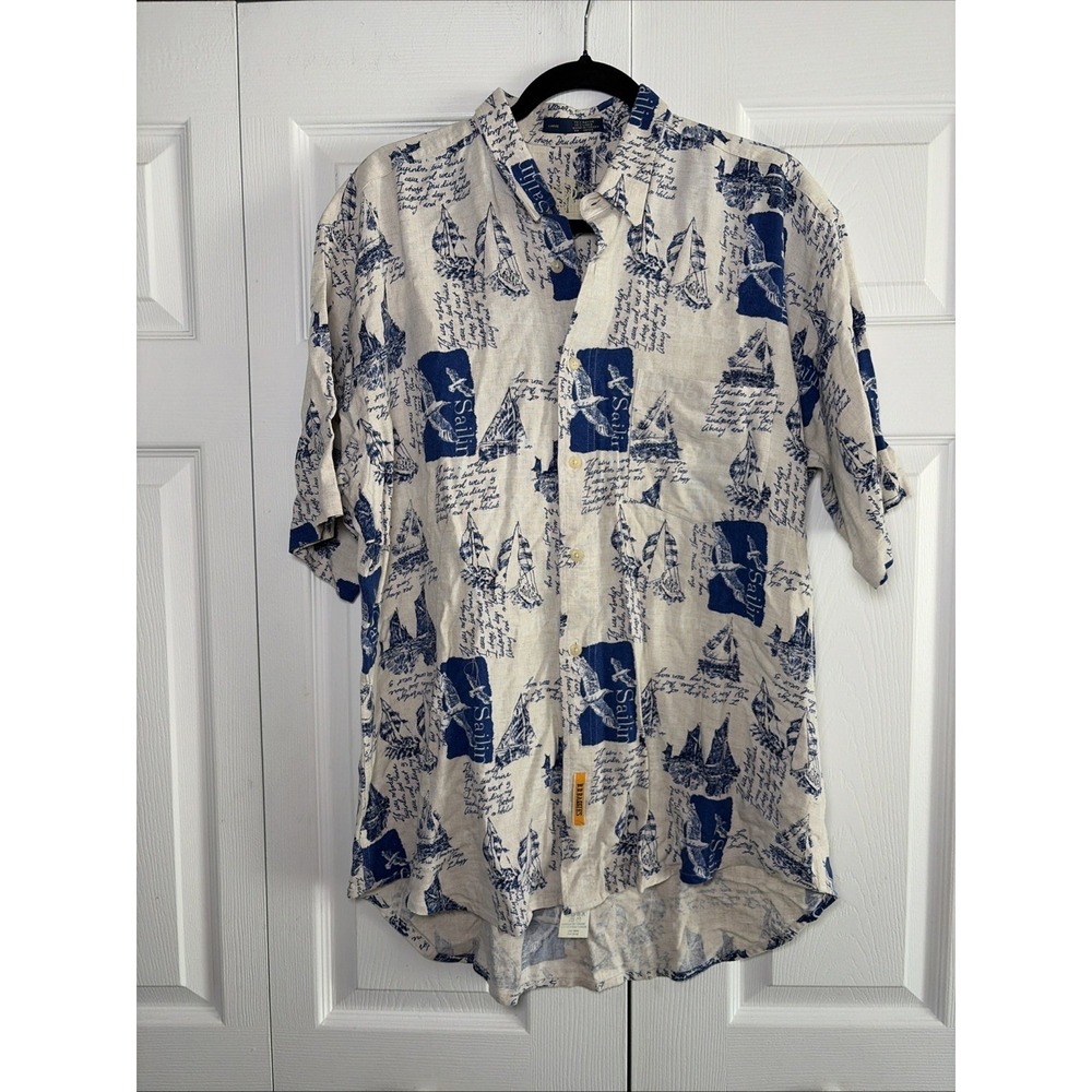 B.D. Baggies Sailing Script Shirt Mens Size L Cream Blue Linen Rayon Vintage